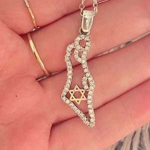 Carte d'Israël faite main en argent sterling 925 avec étoile de David et zircons cubiques faits main juif symbolique