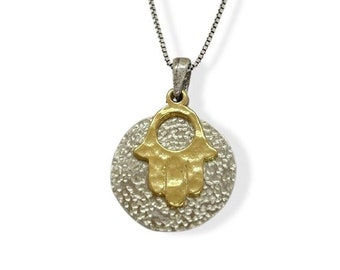 Sterling Silver 925 Disc Pendant with Gold Plated Hamsa Charm Necklace Jewish Jewelry Gift Idea Hand of Fatima Jewelry