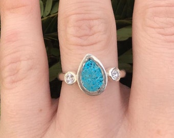 Sterling Silver Ring ,Turquoise and Cubic Zirconia Stones, Hand Crafted Turquoise and CZ Fashion teardrop ring  Rings for Women, Dainty ring