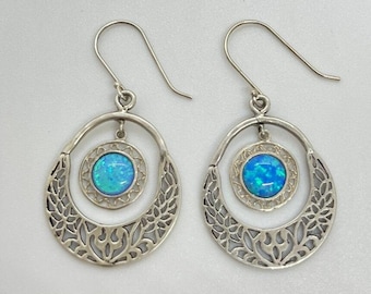 Sterling Silver and Opal Lace Earrings,  Bohemian earrings, Filigree Geometric Dangle Earrings, Turquoise statement earrings