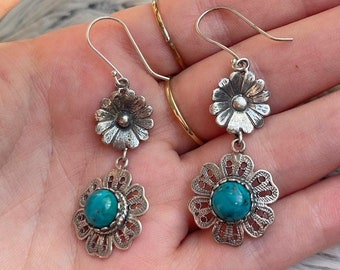 925 Sterling Silver and Turquoise Cabochon Gemstone Flower Dangle Earrings Handmade Boho Flower Earrings, Nature Inspired Floral Earrings