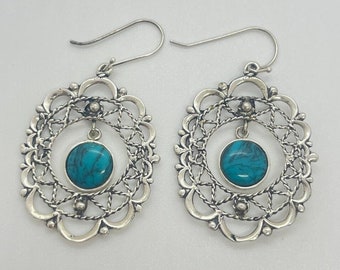 Bold Filigree Sterling Silver, Turquoise Gemstone Filigree Earrings, Bohemian earrings, Ethnic Earrings Statement Earrings