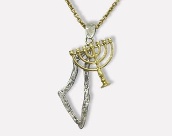 925 Sterling Silver Map of Israel and 14 Karat Gold Menorah Charm and Necklace Symbolic Jewish Jewish/Israeli Jewelry