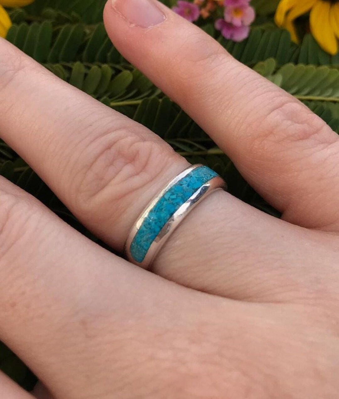 Sterling Silver Turquoise Band Ring - Flat Stackable Ring - Etsy