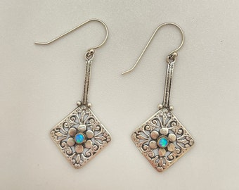 Handmade Dangle 925 Sterling Silver and Opal Gemstone Earrings, Square Filigree with Floral detail Earrings