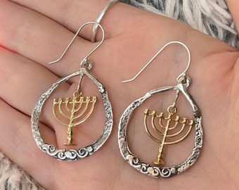 Sterling Silver 925 14k Gold Plated Menorah Charm Dangle Earrings Boho Spiritual Hanging Earrings Earrings Made in Israel