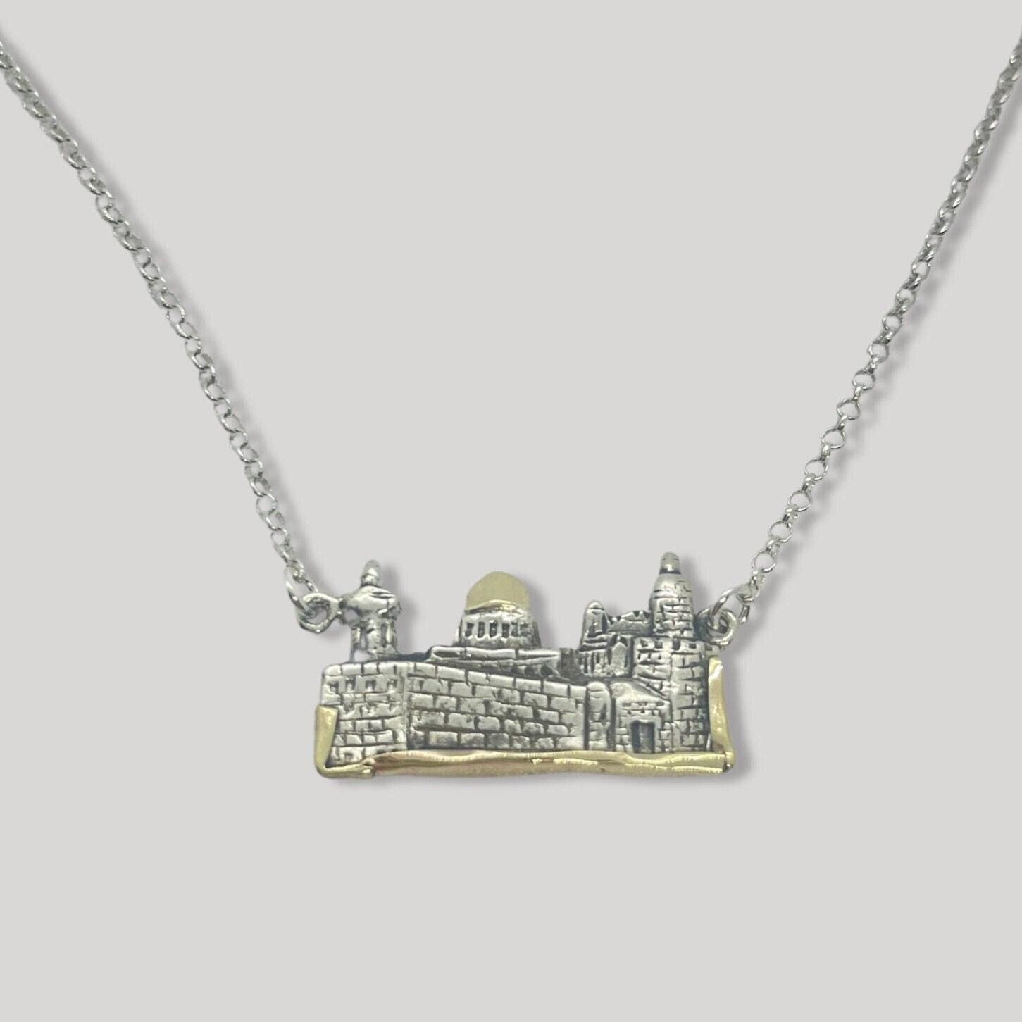 Jerusalem BackDrop Engraved 925 Sterling Silver with 14 Karat Gold Trim and Chain Handmade Necklace Symbolic Jewish Jewelry Made in Israel