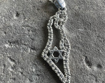 925 Sterling Zilver met Davidster met Zirconia Stenen in Handgemaakte Kaart van Israël Symbolische Joodse Israëlische Sieraden