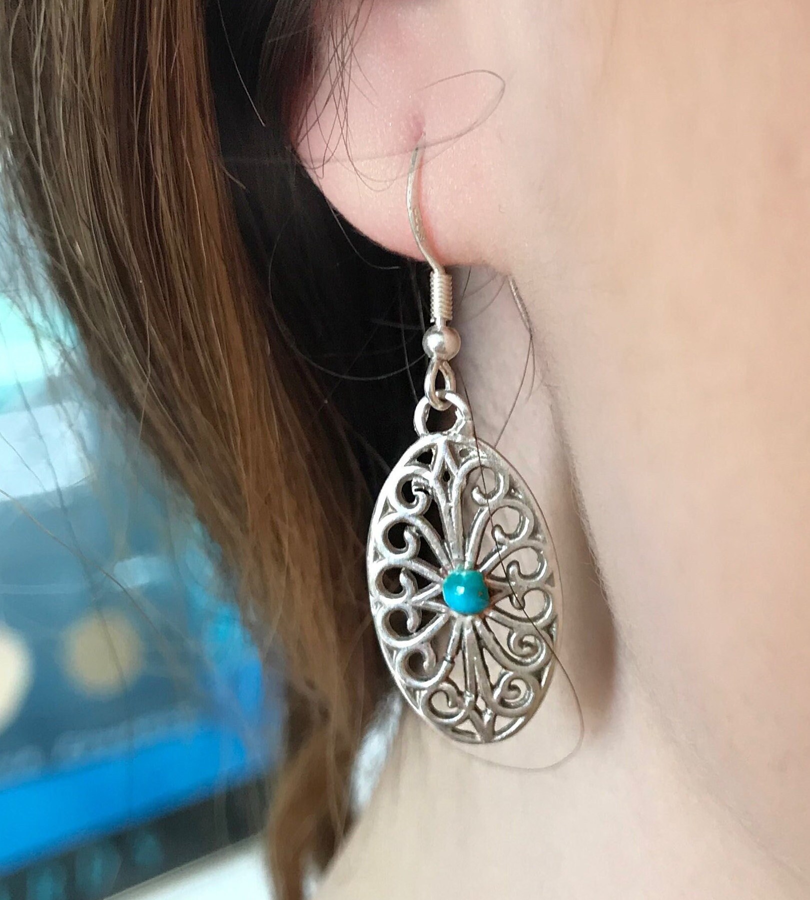 Orecchini Vintage A Gancio In Argento Sterling 925 Con Turchese Naturale A Forma Di Marquise, Stile Boho, In Confezione Regalo