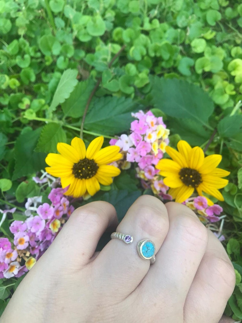 Turquoise /& Lavender Cuff Ring for Women Beautiful Sterling Silver Contemporary and Delicate Open Ring with Round Turquoise Inlay