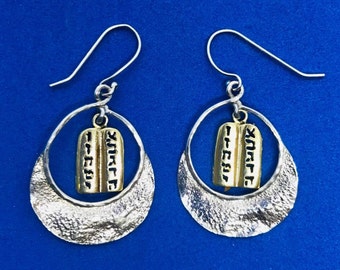 Sterling Zilver 925 14k Vergulde "Tien Geboden" Tabletten Charm Dangle Oorbellen Spiritueel Gemaakt in Israël