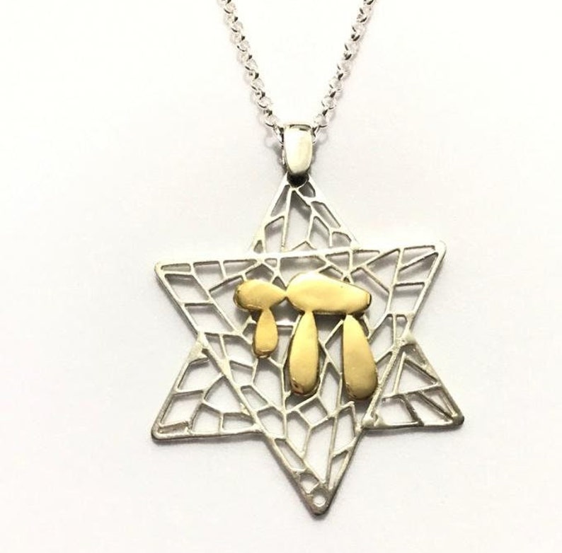 925 Sterling Silver Star of David with 14k gold plated Chai Symbol Jewish Jewelry image 3