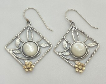 Mother of Pearl, 925 Sterling Silver, 9K Gold Earrings, Square Filigree with Floral detail Earrings Dangle, Drop Earrings Hook Earrings