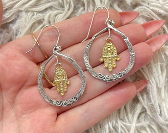 Sterling Silver 925 14k Gold Plated Hamsa Hand Charm Dangle Earrings Boho Spiritual Hanging Earrings Earrings Made in Israel