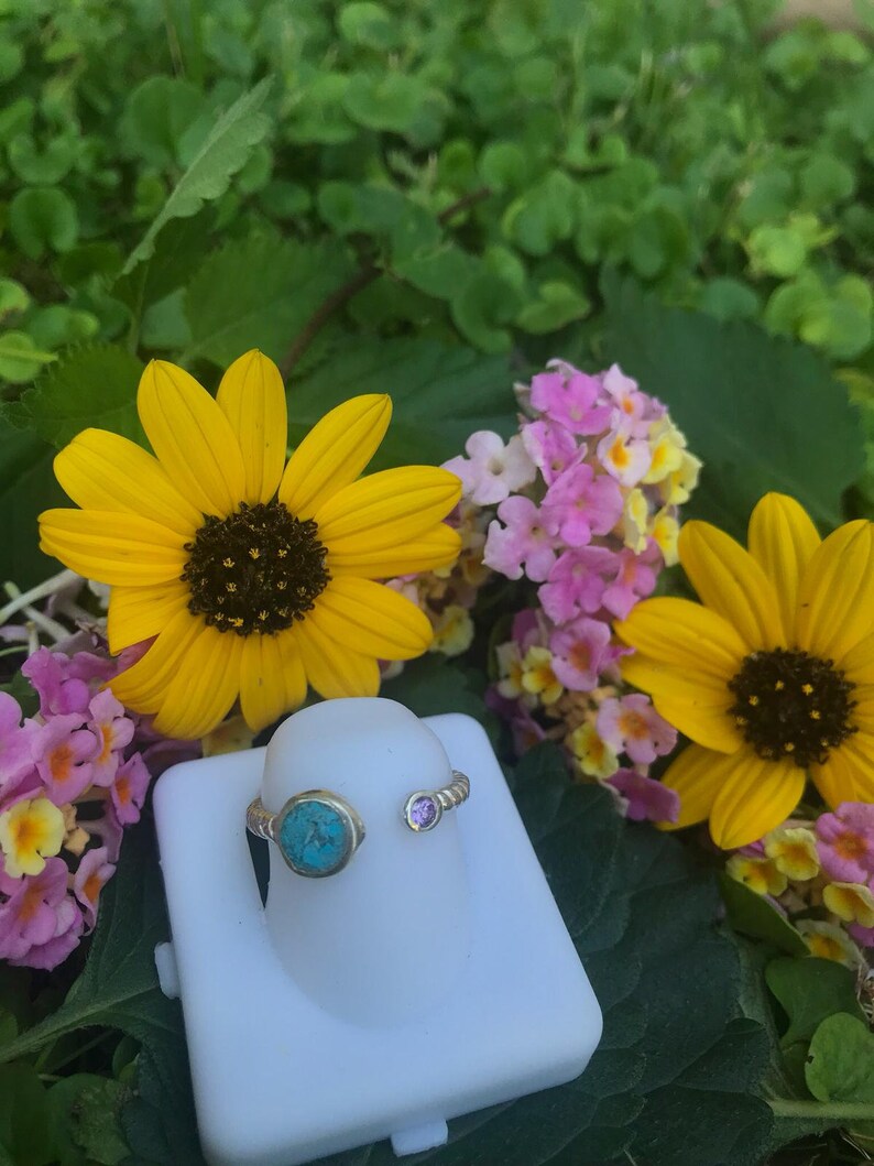 Turquoise /& Lavender Cuff Ring for Women Beautiful Sterling Silver Contemporary and Delicate Open Ring with Round Turquoise Inlay