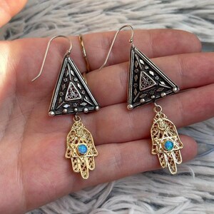 Sterling Silver Hamsa Earrings: Opal Gemstone, Triangle Filigree, Judaica Boho