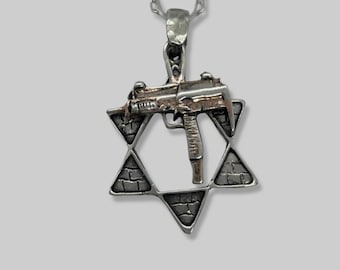 925 Sterling Silver Star of David with Jerusalem Stone Engravings with "Uzzi" Machine Gun Symbolic Jewish Jewelry