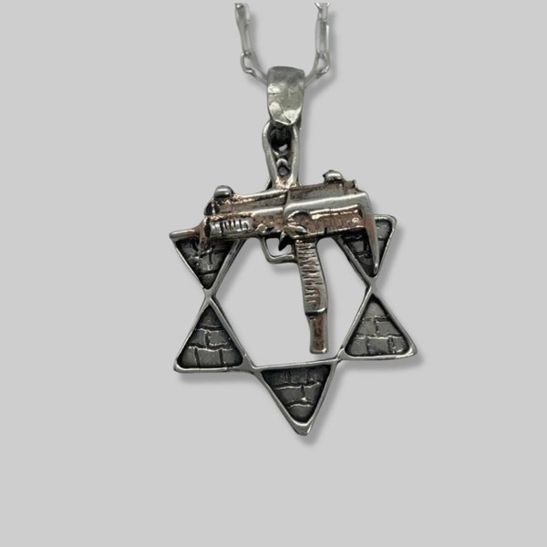 925 Sterling Silver Star of David with Jerusalem Stone Engravings with "Uzzi" Machine Gun Symbolic Jewish Jewelry