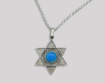 Sterling Silver 925 Star of David Charm with Blue Opal Gemstone Necklace Jewish Jewelry Gift Idea Magen David Jewelry