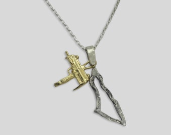 925 Sterling Silver Handmade Map of Israel with 14k Gold Plated "Uzzi" Gun Symbolic Jewish Israeli Jewelry