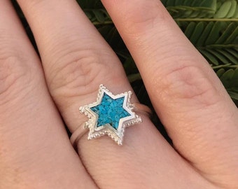 Sterling Silver Turquoise Star of David Ring - Handmade Jewish Jewelry
