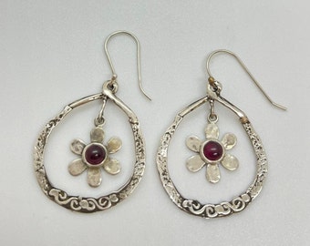 Floral Sterling Silver 925, Garnet Gemstone Filigree Earrings, Bohemian earrings, Ethnic Earrings Bold Earrings