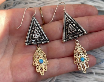 Sterling Silver 925 and Opal Gemstone Hamsa Hand and Triangle Filigree Earrings, Boho Spiritual Hanging Earrings Judaica Made in Israel