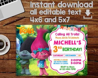 Trolls Birthday Invitation, Trolls Invitation, Trolls Invitation Instant Download, Trolls Invitation Printed, Editable Invitation, Pdf