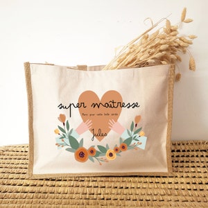 Sac cabas maitresse/cabas maitresse personnalisé/cadeau pour maitresse/cadeau merci maitresse/cadeau super ATSEM/cadeau fin d'année scolaire