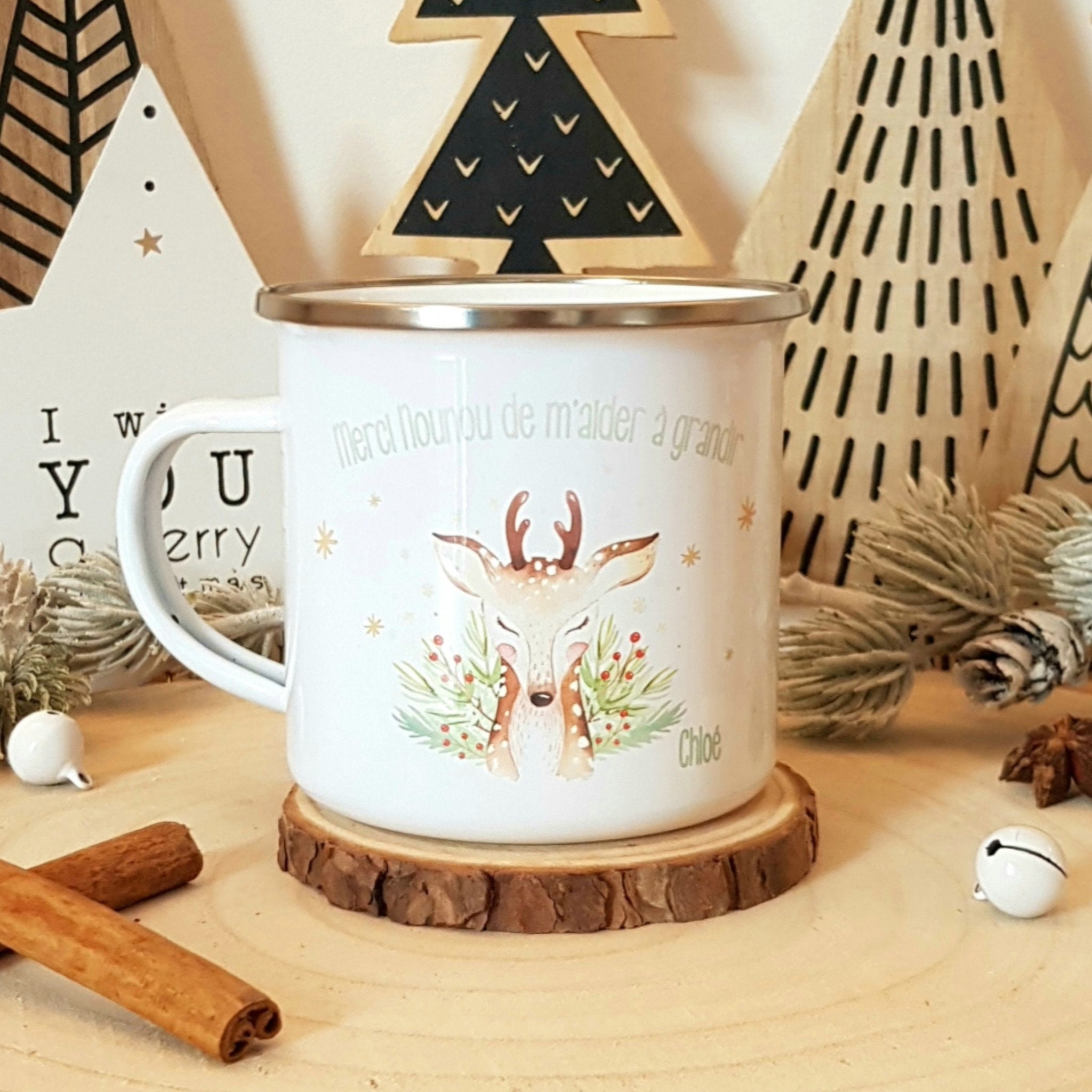 Mug Noël Métal Personnalisable/ Mug Vintage Noël/ Personnalisé/Mug Cerf Noel/Mug Personnalisé Nounou