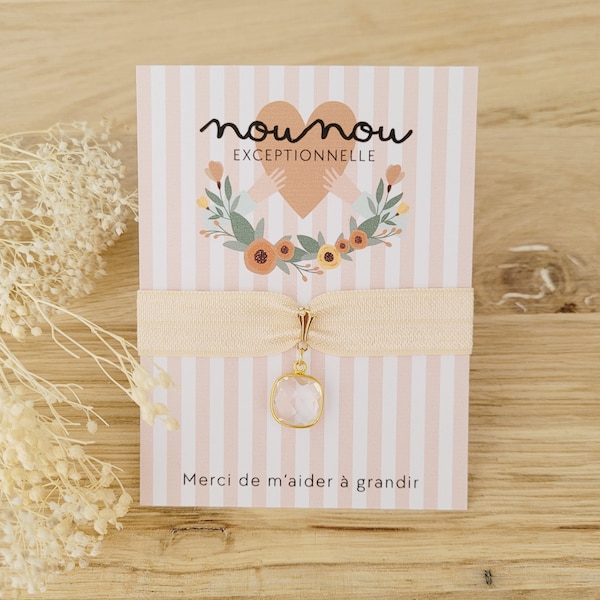 Carte bracelet nounou/bracelet quartz rose/bracelet pour nounou/cadeau merci nounou/bijou merci nounou/remerciement nounou/cadeau assmat