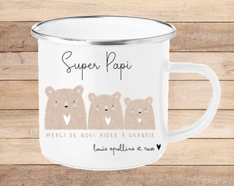 Mug acier émaillé papi/mug personnalisable papy/mug fête des grands pères/mug métal papa /cadeau fête des papis/papi oursons