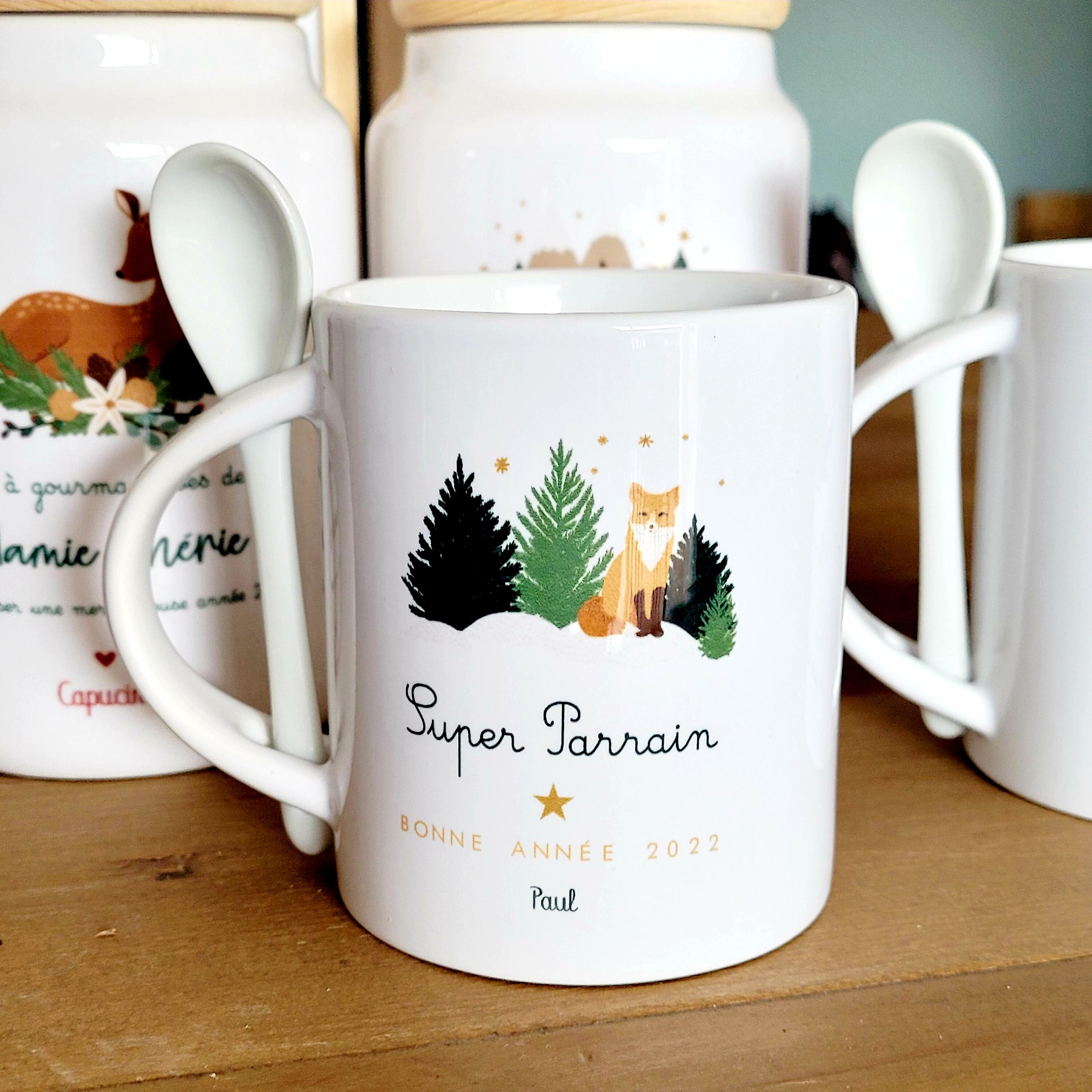 Mug Cuillère Personnalisable/Mug Parrain /Mug Bonne Année/Mug Cadeau Famille/Tasse Céramique Année/T