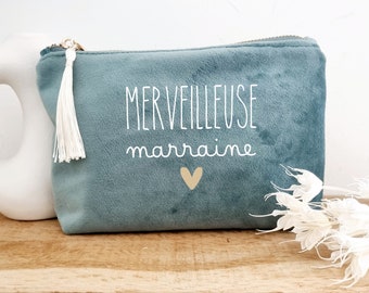 Trousse velours vert Marraine/petite trousse velours personnalisée/trousse velours marraine merveilleuse/cadeau marraine/ baptême/marraine