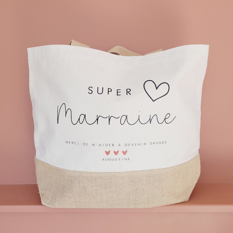 Cabas écru et jute marraine/cabas super marraine/sac cabas marraine/cabas marraine personnalisable/idée cadeau marraine/marraine coeur image 2