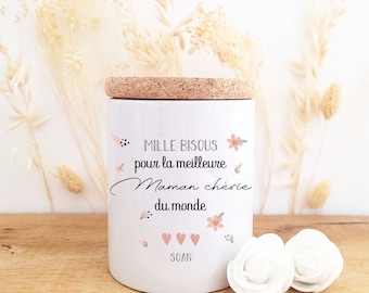 Bougie pot céramique/texte coeurs/bougie bonne fête maman/bougie personnalisée maman/cadeau fête des mères/cadeau maman