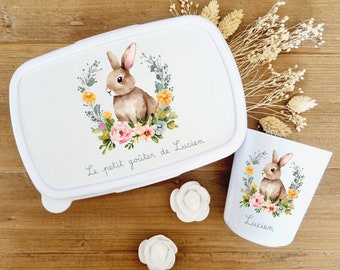 Boite à gouter et gobelet personnalisé/boite à gouter lapin couronne fleurs/gobelet enfant personnalisé/gobelet lapin couronne/kit gouter