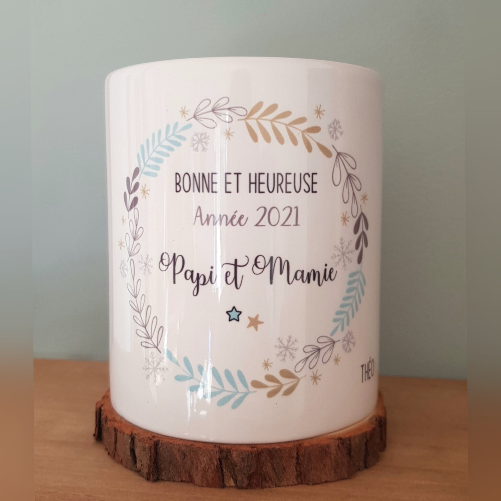 Bougie Personnalisée Papi Mamie /Bonne Année Mamie/Bougie Couronne Feuille et Flocon/Bougie Mamie/Ca