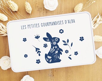 Boite chocolat Paques personnalisé/boite métal pâques personnalisé/boite chocolat pâques/cadeau pâques personnalisé/boite lapin bleu