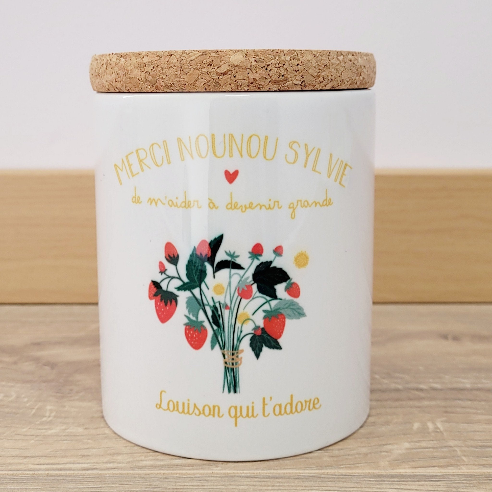 Bougie Pot Céramique/Bouquet Fraise/Bougie Merci Nounou/Bougie Personnalisée Nounou/Cadeau Personnel