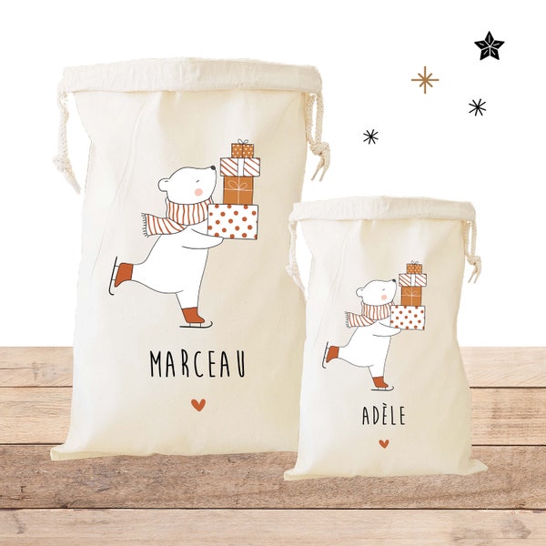 Hotte de Noël personnalisée/ hotte enfant personnalisable/sac de noël personnalisable/ hotte prénom enfant/sac cadeaux Noël/ourson cadeaux