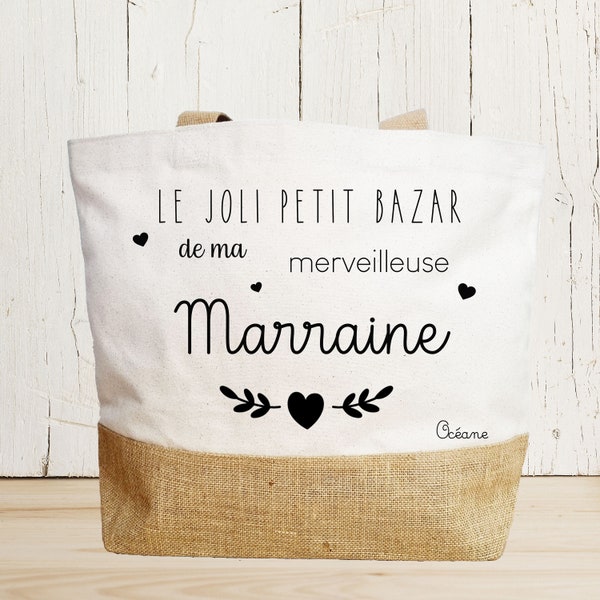 Cabas écru et jute marraine/cabas le petit bazar de ma merveilleuse marraine/sac cabas marraine/cabas marraine personnalisable/marraine