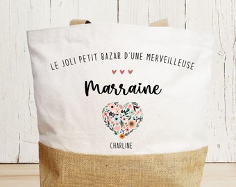 Cabas jute marraine personnalisé/ cabas marraine merveilleuse/sac cabas marraine/cabas marraine personnalisable/cadeau marraine/cœur fleuri