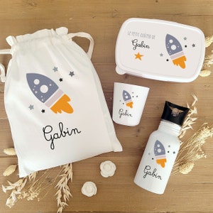 Kit gouter enfant/ boite à gouter et gourde paille /kit gouter personnalisé/boite à gouter personnalisée/gourde personnalisée/fusée espace