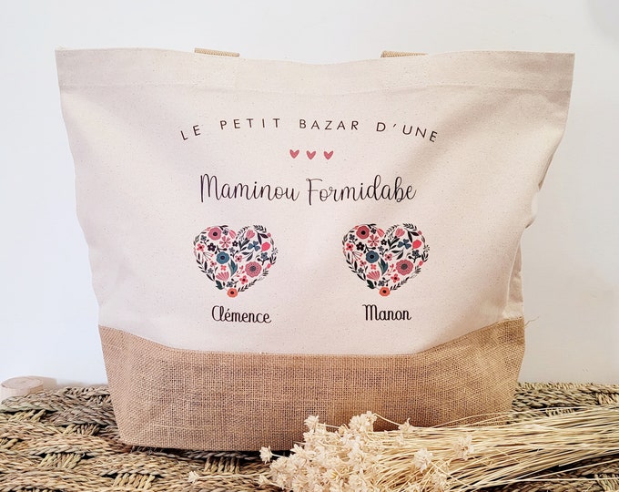 Cabas Coeur fleuri Mamie/sac cabas mamie/cabas jute mamie/cabas mamie