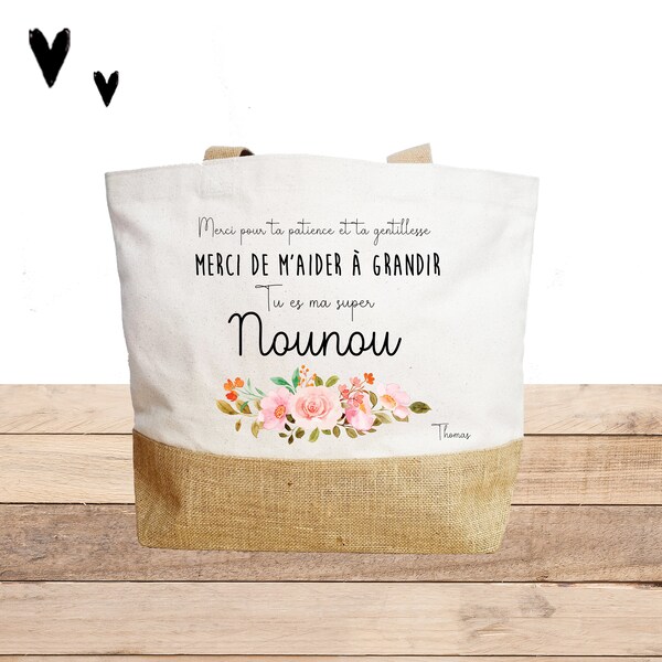 Cabas Nounou Personnalisable/ cabas super nounou/ sac fête nounou/cabas noël nounou/sac nounou personnalisé/cadeau nounou/nounou fleurs