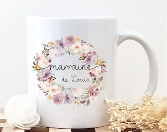 Mug personnalisé pour Marraine/mug couronne fleurs/mug couronne marraine/cadeau baptême marraine/cadeau personnalisé baptême/marraine fleur