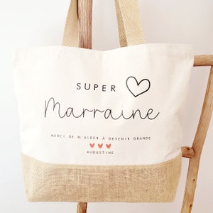 Cabas écru et jute marraine/cabas super marraine/sac cabas marraine/cabas marraine personnalisable/idée cadeau marraine/marraine coeur image 1