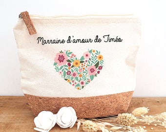 Trousse liège Marraine/ Petite trousse Marraine/ Cadeau personnalisé Marraine/ Trousse personnalisée marraine/trousse marraine/cœur fleuri