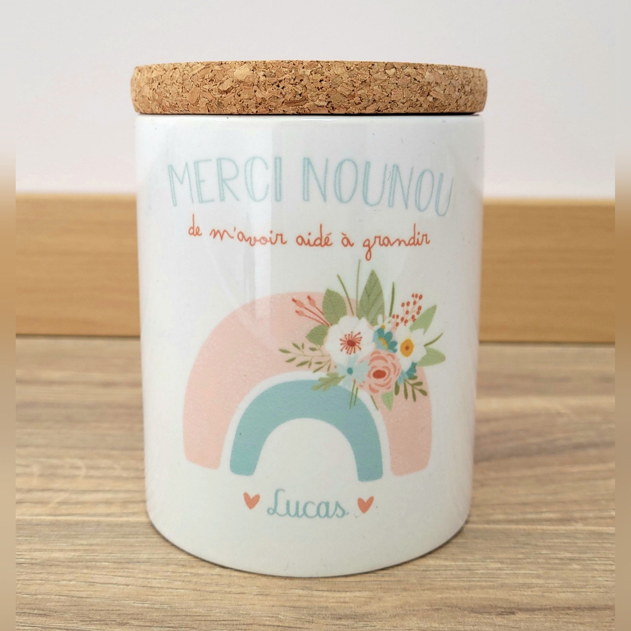 Bougie Pot Céramique/Arc en Ciel Fleurs Pastel /Bougie Merci Nounou/Bougie Personnalisée Nounou/Cade